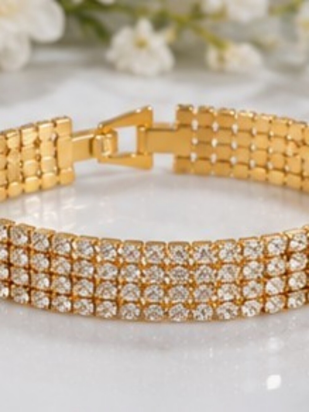 18K Gold Over Stainless Steel 5 Row Rhinestone Tennis Bracelet 7.5" Wide Crystal